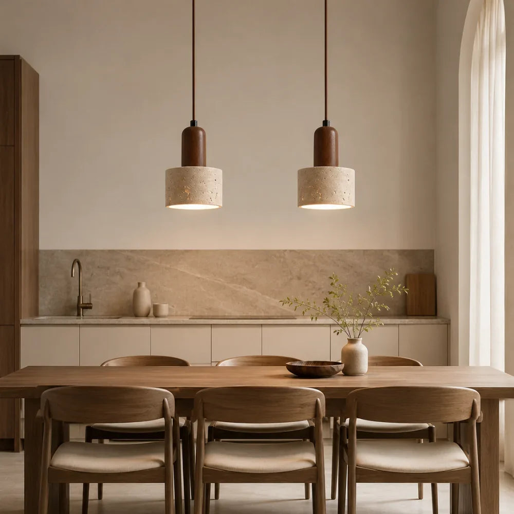 Lovina — Suspension cylindre en travertin et bois