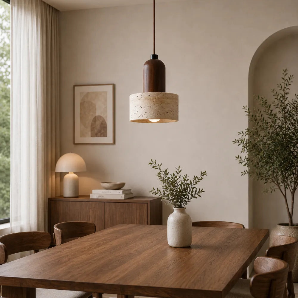 Lovina — Suspension cylindre en travertin et bois
