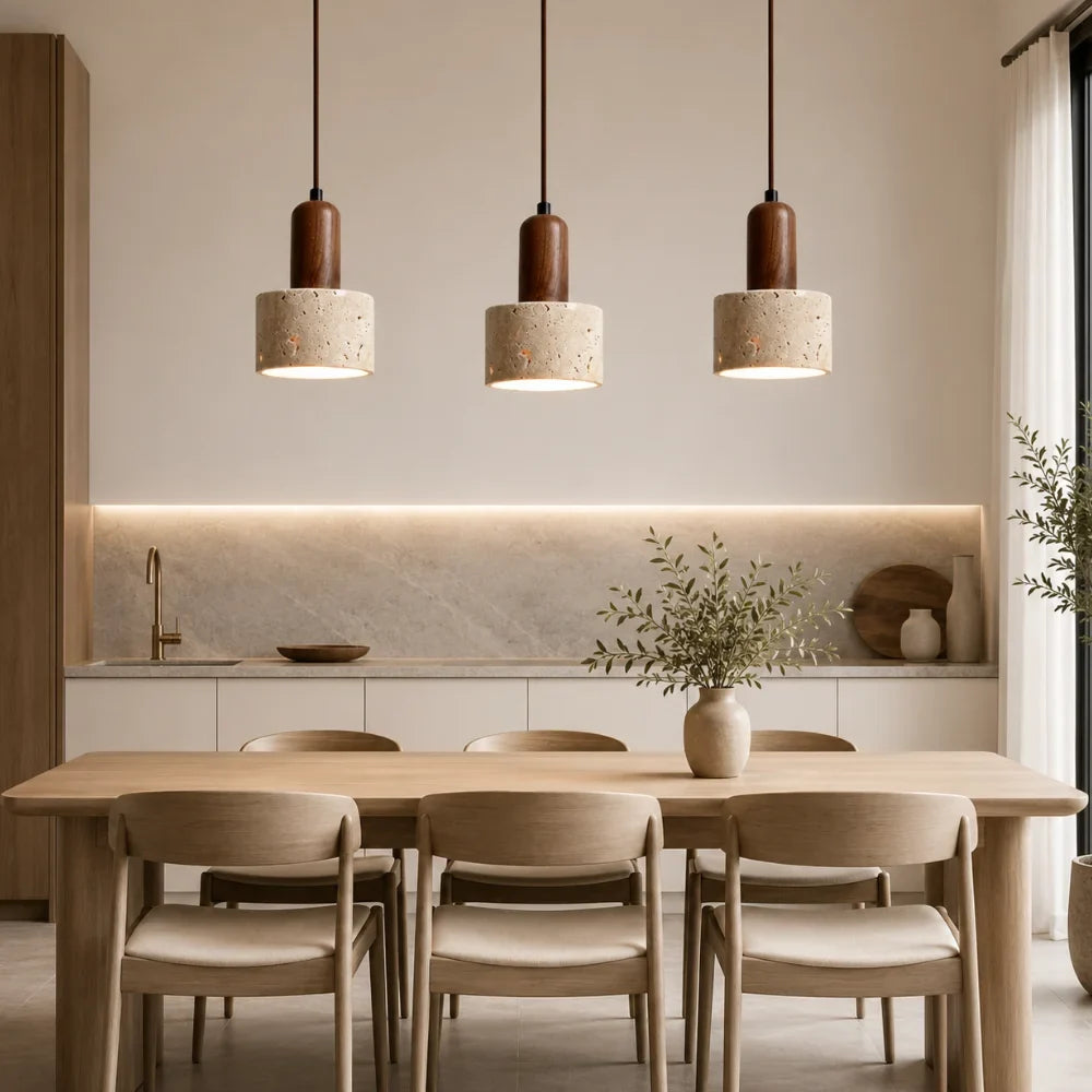Lovina — Suspension cylindre en travertin et bois
