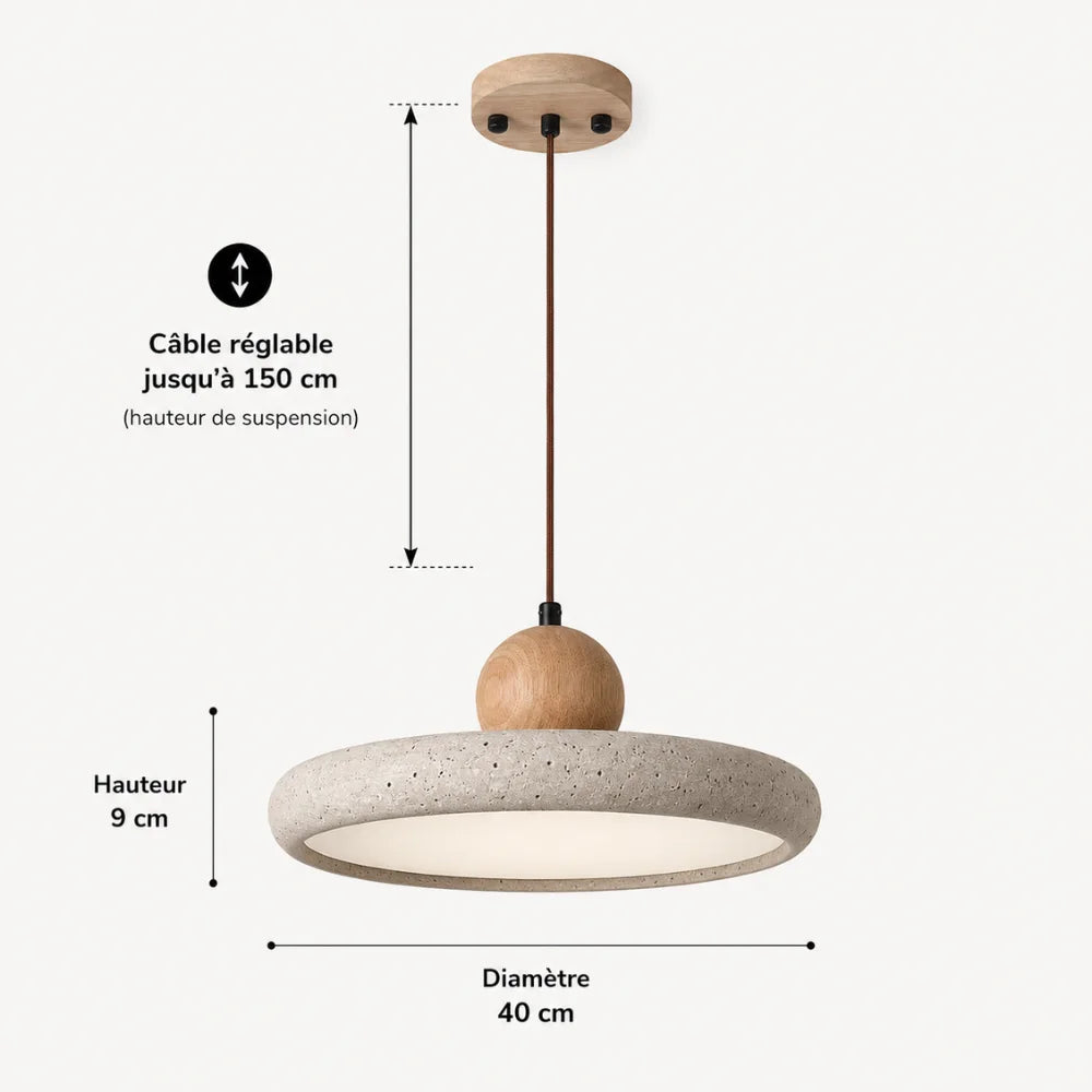 Skalia — Suspension disque en travertin et bois