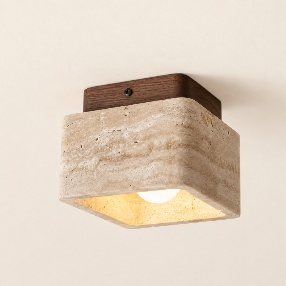 Cubina — Plafonnier cubique en travertin et bois