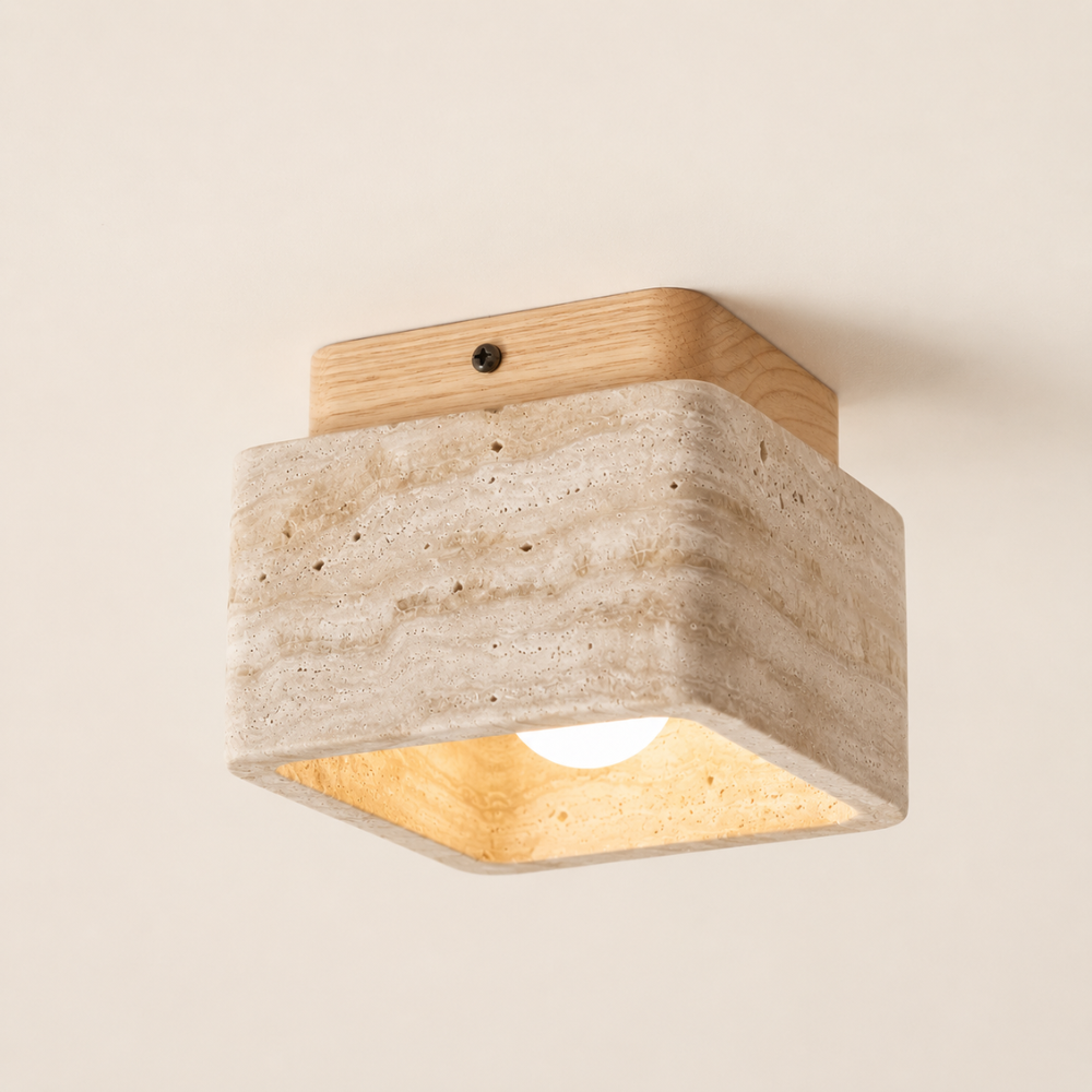 Cubina — Plafonnier cubique en travertin et bois