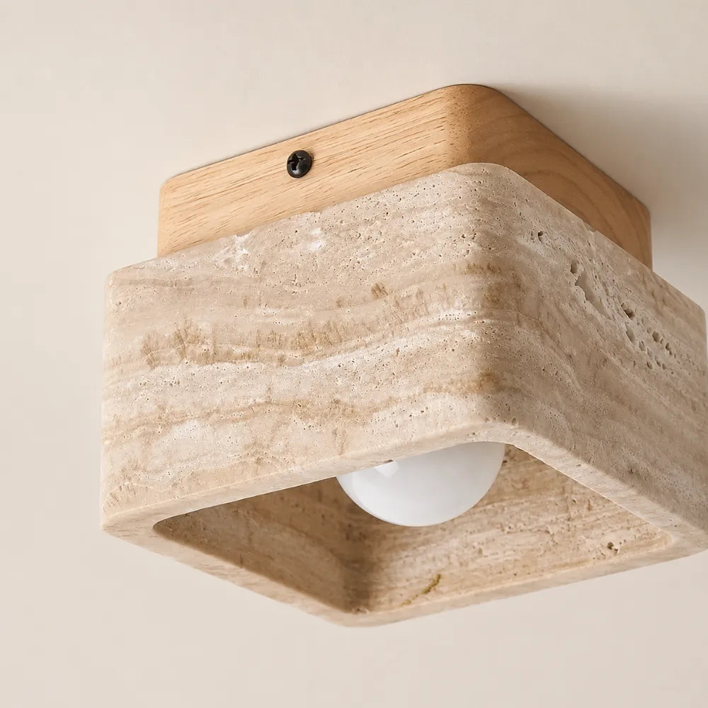 Cubina — Plafonnier cubique en travertin et bois