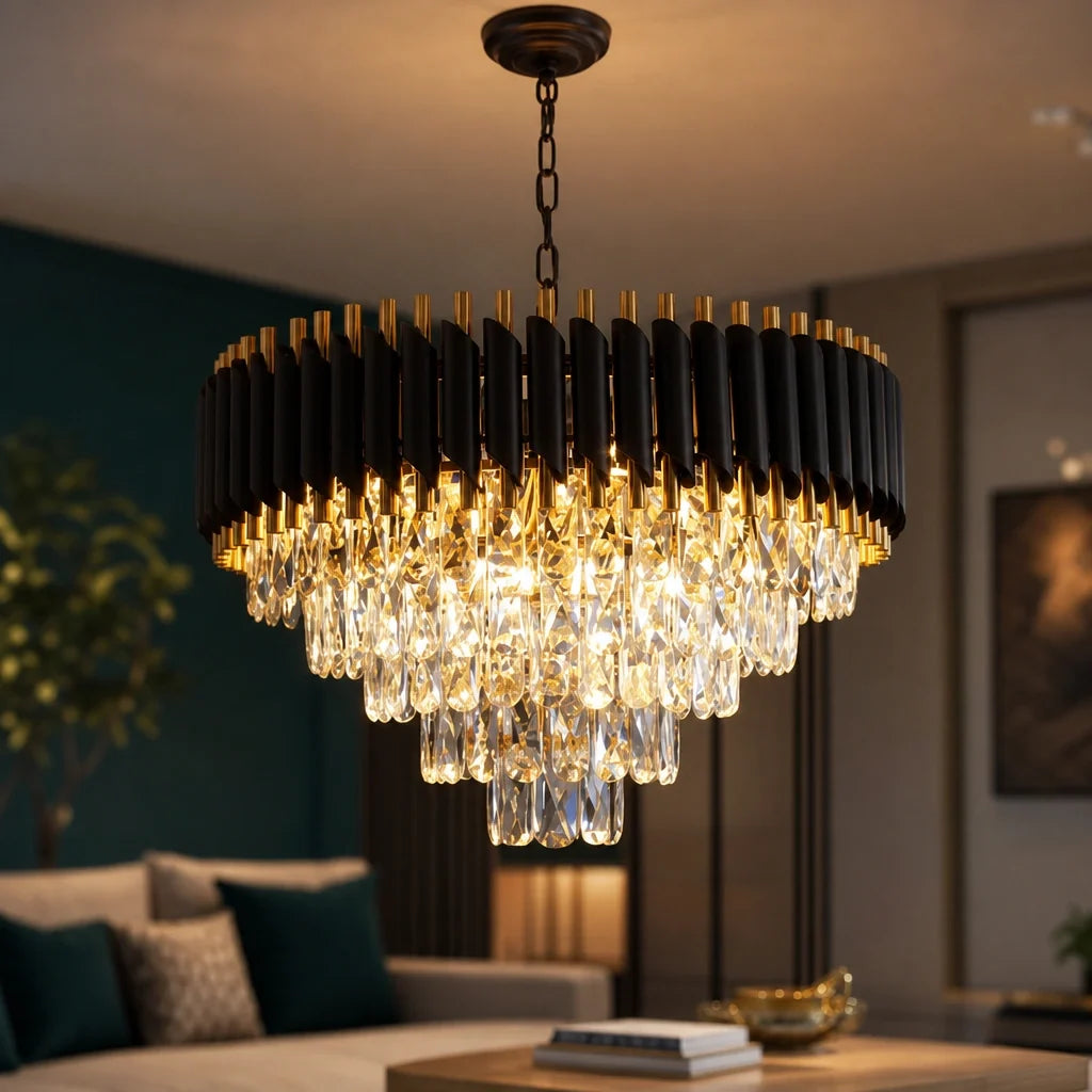 Lustre Noir et Or à Pampilles Dimmable – Modèle Nocturna (LA MAISON CLARTE)