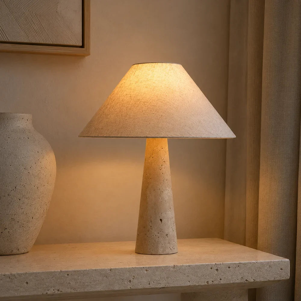 Silane — Lampe de chevet en travertin et tissu