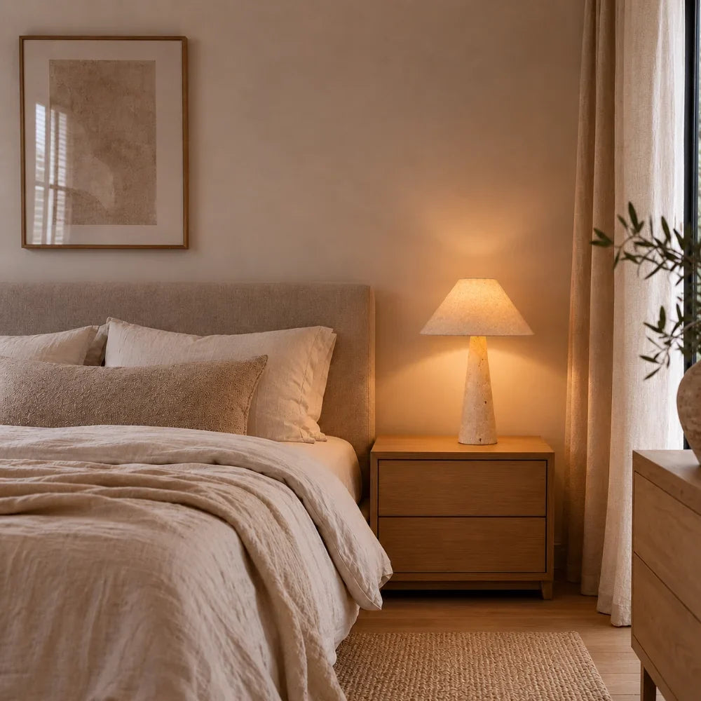 Silane — Lampe de chevet en travertin et tissu