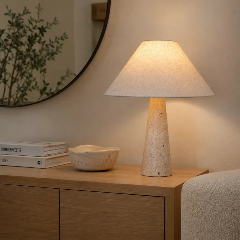 Silane — Lampe de chevet en travertin et tissu