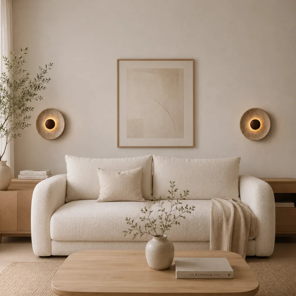 Calcéa — Applique disque en travertin et bois LED