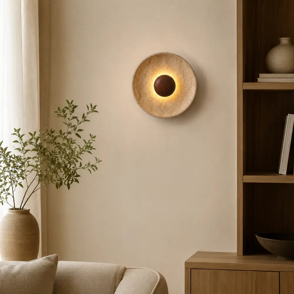 Calcéa — Applique disque en travertin et bois LED