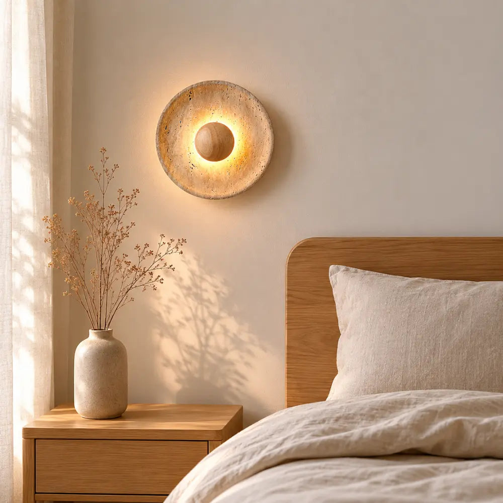 Calcéa — Applique disque en travertin et bois LED