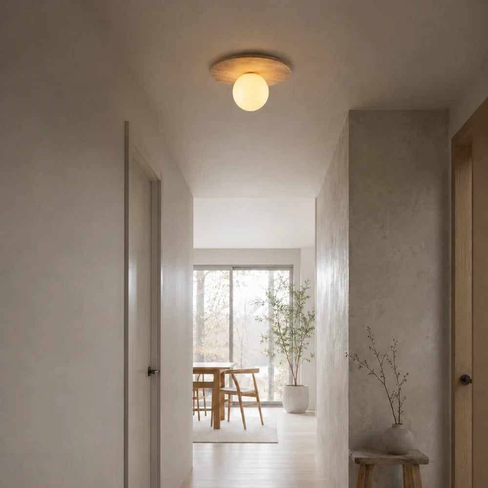 Terréa — Plafonnier design en travertin et bois