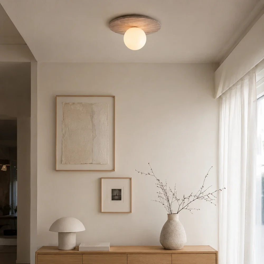 Terréa — Plafonnier design en travertin et bois
